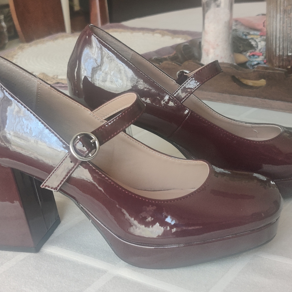 Sun & Stone Vaneciaa Burgundy Block Heel, Size 9.5